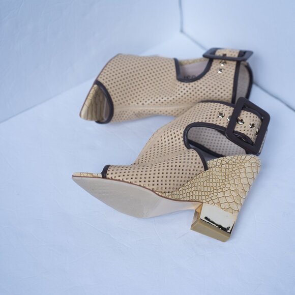 Glossi Perforated Leather Ankle Buckle Wedge Peep Toe Sandals - Picture 6 of 10